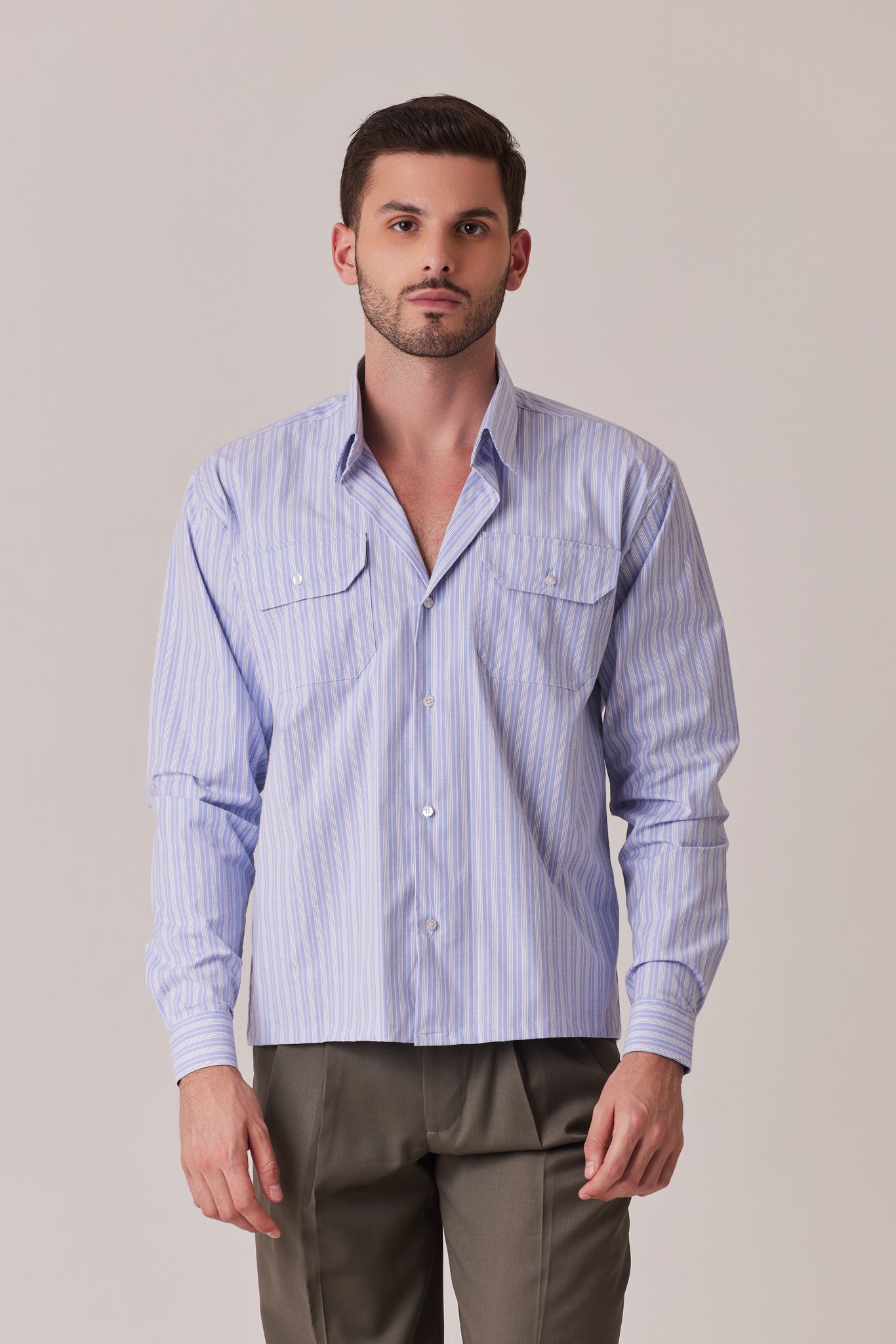 CAMISA DE ALGODON A RAYAS AZUL BOLSILLO SAFARI