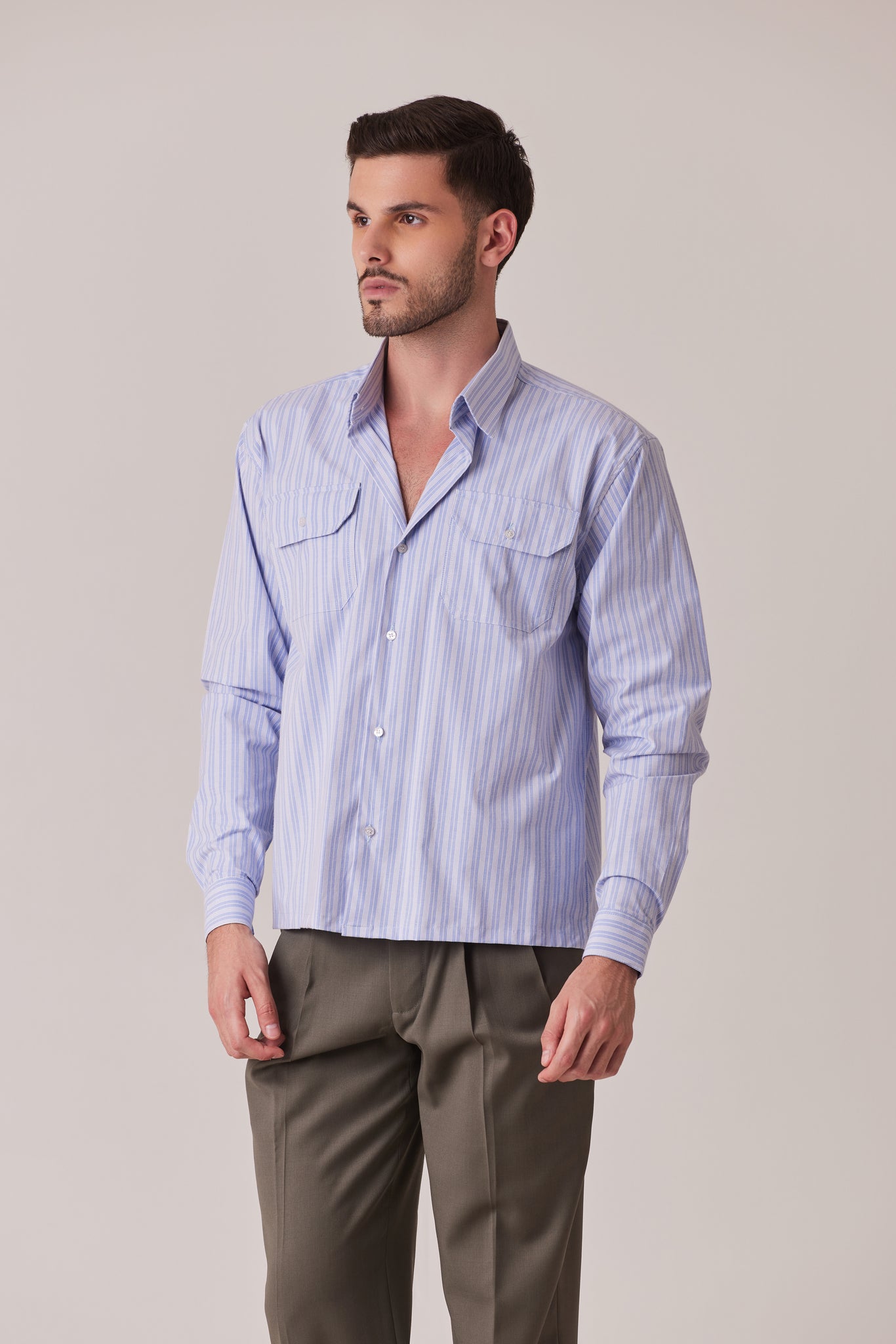 CAMISA DE ALGODON A RAYAS AZUL BOLSILLO SAFARI